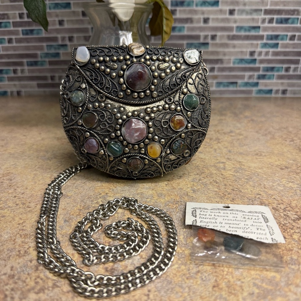 Vintage Sajai gemstone silver tone purse